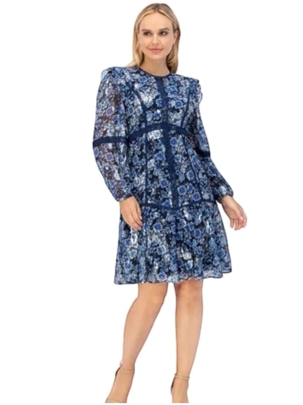 NWT Eliza J. Navy Blue & Silver Floral Ruffled Long Puff Sleeve Dress - Picture 2 of 16
